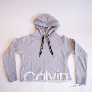 CK cropped long sleeve grey logo hoodie